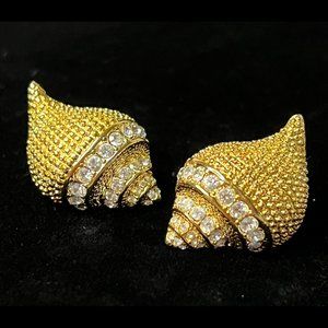 Vintage Kenneth Jay Lane Gold Tone Rhinestone Shell Earrings - KJL